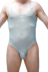 Translucent light blue mesh one-piece swimsuit with thin straps and rounded neckline bodythong nexon net green