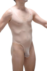 Beige sheer mesh one-piece bodysuit bodythong nexon net nude with scoop neckline and high-cut legs