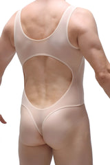 Beige stretchy one-piece bodythong nexon net nude swimsuit with large back cutout and high-cut leg design shown from back