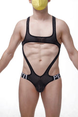 Black mesh bodysuit with cutout design and branded waistband shown from the back in bodythong oze durtol black