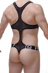 Back view of bodythong oze durtol black black mesh bodysuit with cutout back and white lettering waistband