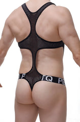 Back view of bodythong oze durtol black black mesh bodysuit with cutout back and white lettering waistband