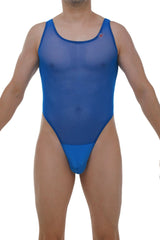 Bodythong pencran blue sheer mesh one-piece swimsuit with a solid blue panel at the bottom