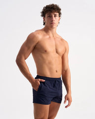 Navy blue bolt 3 inch athletic swim trunks with elastic waistband and drawstring for active water use