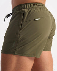 Olive green bolt 3 short athletic shorts with drawstring waistband and side pockets for activewear use