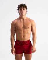 Bolt 3 inch short red velvet swim trunks with a drawstring waistband for adjustable fit and comfortable wear