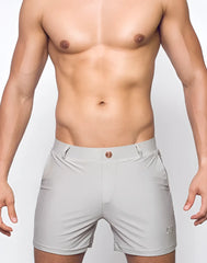 Gray BONDI short athletic shorts with subtle logo on lower right leg and matching button at waistband