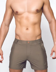Olive green bondi short athletic shorts with subtle logo on lower right leg and button at waistband for activewear