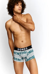 Gray bonds allover logo fit trunk underwear with teal logo pattern and black waistband in size medium