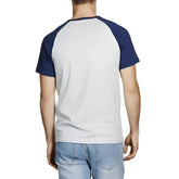 Heather gray and navy blue bonds besties raglan short sleeved t shirt in size m with comfortable cotton blend fabric