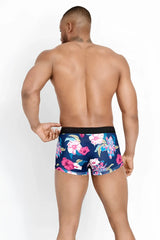 Bonds Fit Luxe trunk boxer brief underwear in blue floral pattern with black elastic waistband size XS