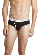 Black bonds guy front briefs underwear with white elastic waistband and black branded lettering size large