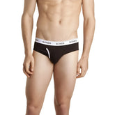 Black bonds guy front brief underwear in black with white elastic waistband featuring brand name in black lettering size l