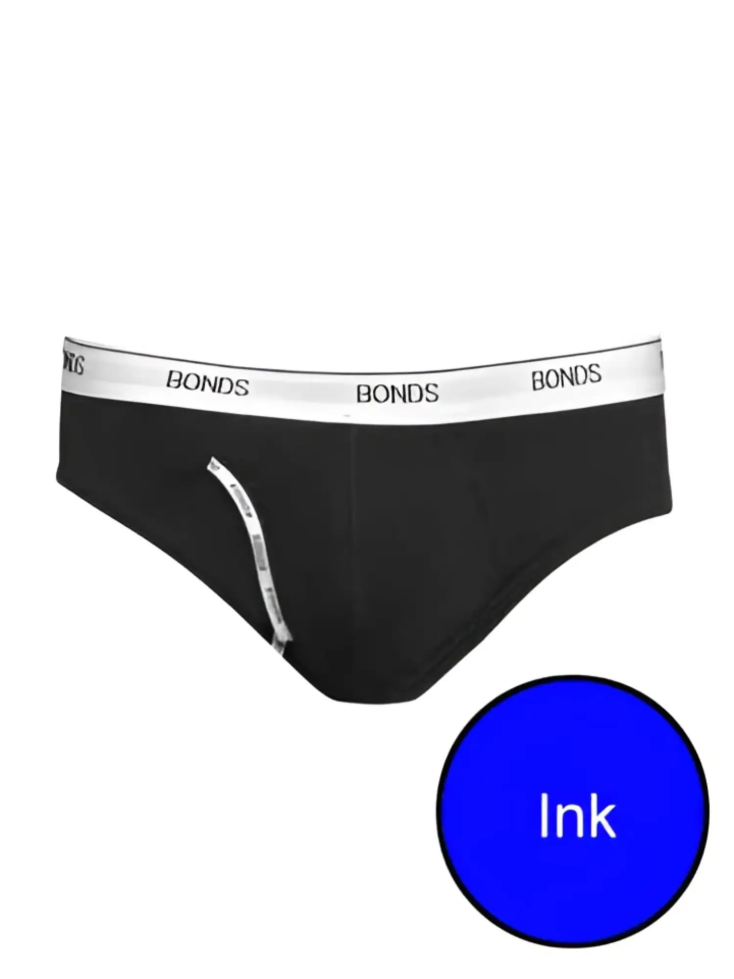 Black bonds guy front brief underwear ink color with white elastic waistband featuring bonds logo in size m