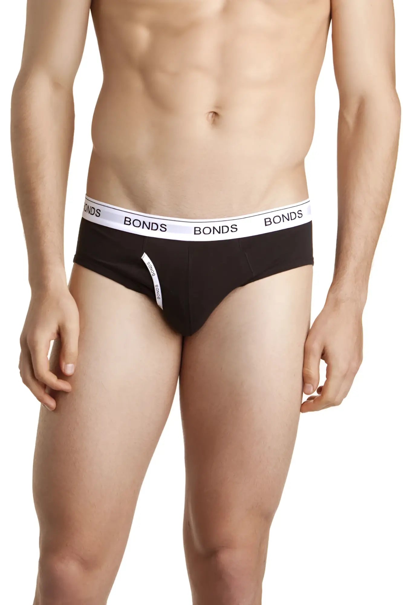 Bonds guyfront brief underwear in black with a white elastic waistband featuring the brand name in size s