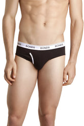 Bonds guyfront brief underwear in black with a white elastic waistband featuring the brand name in size s