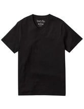 Black born fly v-neck tee with subtle embroidered logo on left chest and printed inside collar
