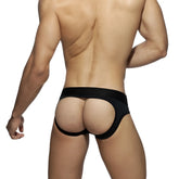 Black bottomless fetish brief showing back side with form-fitting high-waisted cutouts and wide elastic waistband