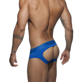 Bright blue bottomless fetish brief swim trunks with a form-fitting cutout design for bold swimwear style