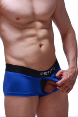 Blue petitq boxer men’s briefs with black waistband and open front design for comfortable support