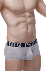 Gray textured cotton boxer briefs with black elastic waistband and petitq logo in white modal fabric
