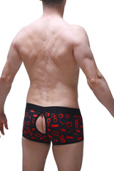 Black boxer anzex boudoir briefs with bold red handcuffs keys and erotic pattern on soft fabric