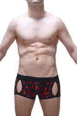 Black men’s briefs boxer anzex boudoir with red erotic-themed cutouts and symbols on the front side