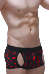 Black briefs boxer anzex boudoir with red erotic graphics and cut-out sides designed for boudoir wear