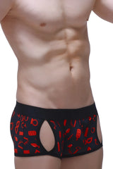 Black briefs boxer anzex boudoir with red erotic graphics and cut-out sides designed for boudoir wear