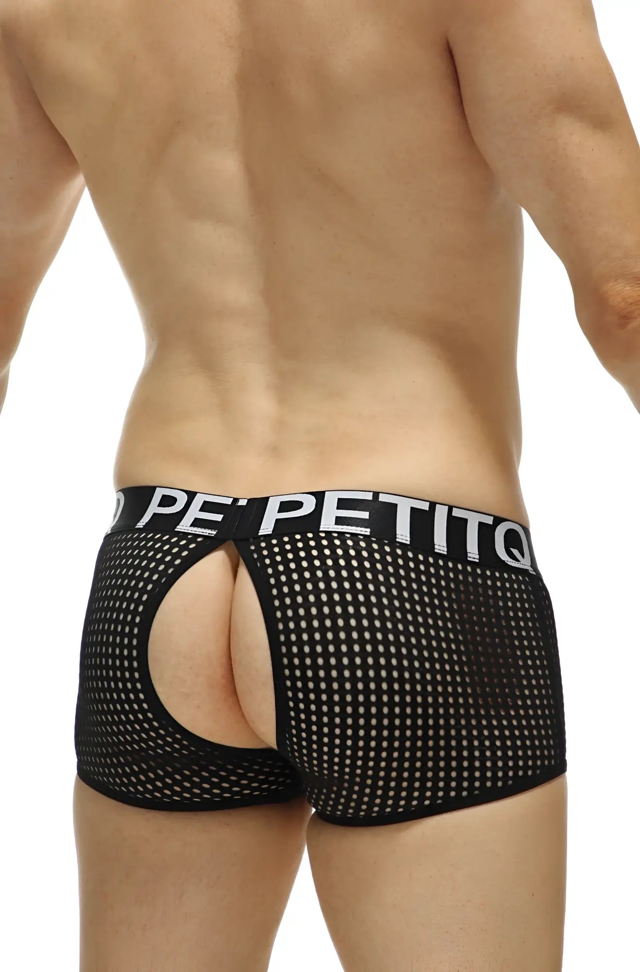 Black mesh boxer anzex durtol briefs with white petitq logo on the waistband