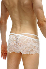 White lace boxer briefs with floral pattern and crossed waistband in a delicate lace fabric