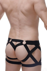 Black strappy harness-style boxer Blost king of hearts underwear with crisscross design and metallic rings