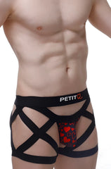 Black strappy men’s boxer blost king of hearts underwear with red heart pattern and petit branding on front