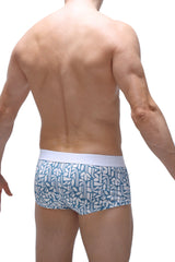 Petitq trunk carlot blue mens briefs with blue and white pattern and solid white waistband in soft fabric
