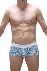 Petitq trunk carlot blue men’s briefs feature a blue and white pattern with a solid white waistband for comfort