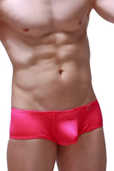 Bright pink boxer brief chill bee pink with breathable mesh fabric and small red logo on the waistband