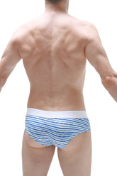 Blue and white striped men’s boxer brief chill malo with solid white waistband designed for comfort and support