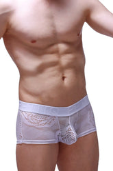 White lace-trimmed mesh boxer briefs with branded elastic waistband in dome coudray white color