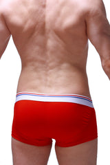 Red petitq boxer push-up briefs with white waistband and red blue stripes for enhanced lift and comfort