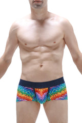 PetitQ boxer brief kaleidoscope featuring rainbow-colored geometric pattern and solid navy waistband for men