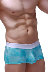 Boxer brief marbre green in turquoise tie dye mesh with white elastic petitq waistband shown from the back side