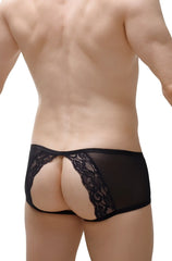 Black lace-trimmed sheer backless briefs shown from the back part of boxer brief murol lace collection