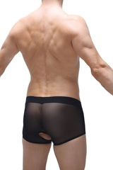 Black sheer mesh boxer briefs with solid black waistband front view from boxer limay net camo collection