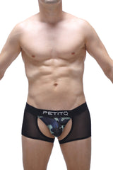 Black mesh boxer briefs with camouflage pattern and petitq branded waistband boxer limay net camo design