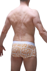 Orange and white patterned boxer briefs with geometric design from petitq trunk carlot alloy collection