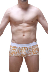 Orange and white patterned men’s boxer briefs with a solid white waistband from petitq trunk carlot alloy collection