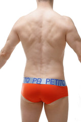 Bright orange boxer cheek double pouch modal brief with light blue waistband featuring bold brand name