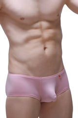 Pink satin boxer chill skine tea rose briefs with a subtle red logo on the waistband