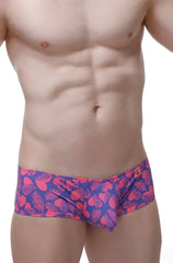 Men’s briefs boxer chill tropical hearts with vibrant pink and purple tropical leaf pattern and red waistband logo