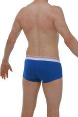 PetitQ boxer chillax modal blue men’s briefs in blue with a white waistband featuring thin red and blue stripes